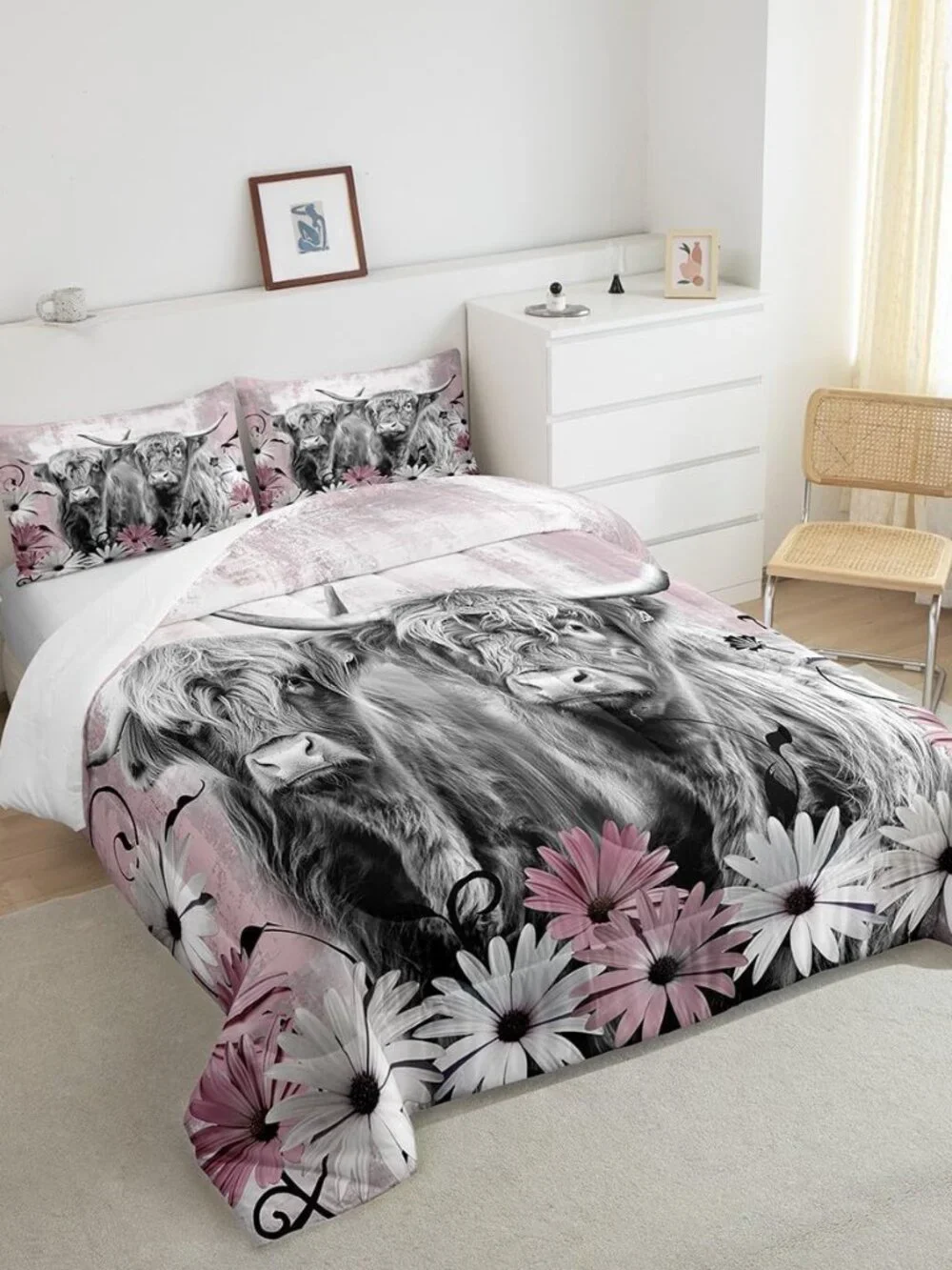 Highland Cow Twin Comforter Set,Western Longhorn Bull Bedding Sets,Pink Cowgirl